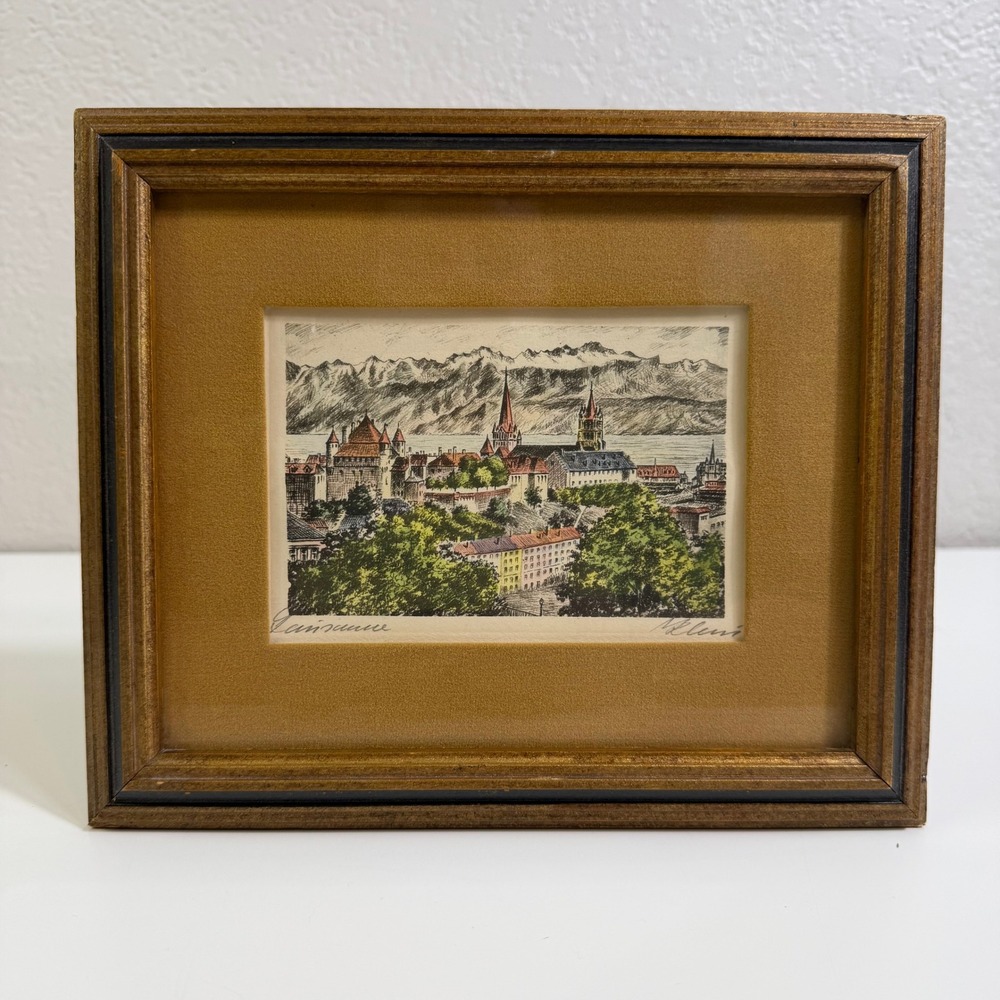 Vintage signed Lausanne Switzerland Framed Etching Cityscape Art 9x7
